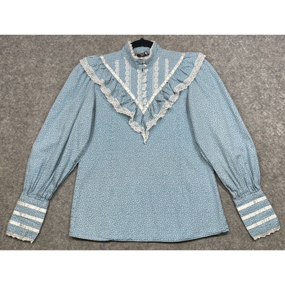 Frontier Classics Western Blouse Womens S Blue Puff Sleeve Lace Cottagecore Top